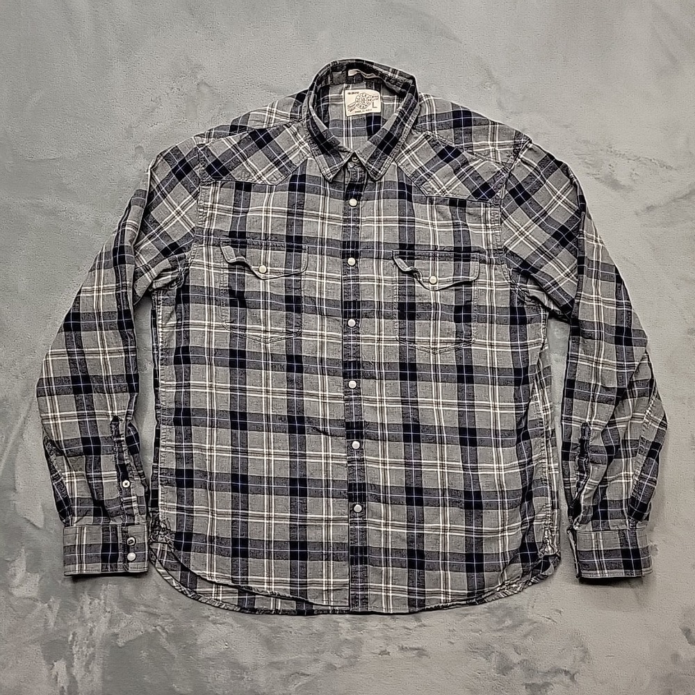 Lucky Brand Shirt Mens L Grey Classic Fit Pearl Snap Button Down Plaid Flannel